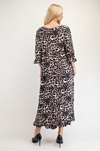 Celeste Leopard Flounce Sleeve Dress - Full Size Round Neck Style Casual Dresses