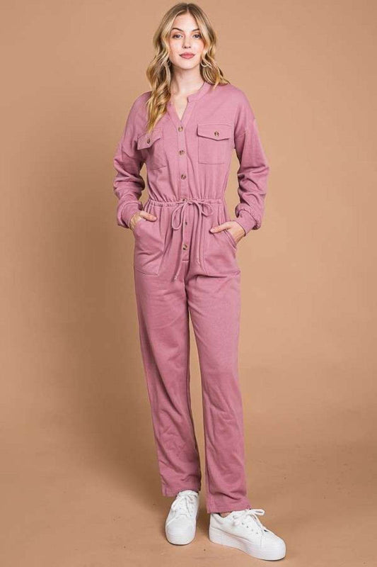 Culture Code Full Size Button Up Drawstring Waist Straight Jumpsuit - Shop Style & More | Fresh Looks, Everyday Deals & Free Shipping