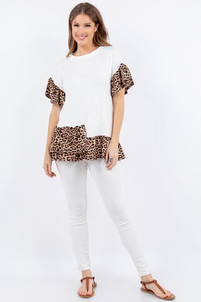 Celeste Full Size Animal Print Asymmetrical Top with Ruffle Sleeves Plus Size Blouses