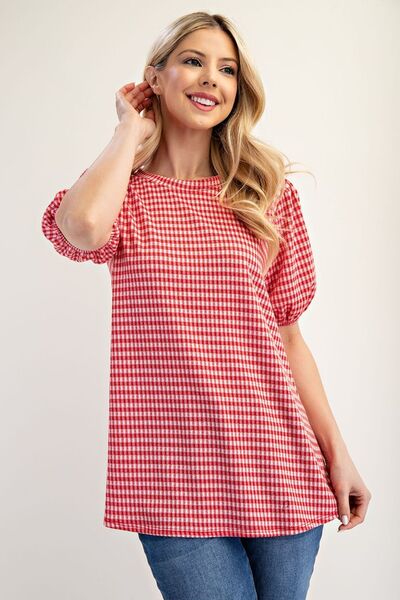 Celeste Full Size Gingham Print Top With Puff Sleeves Plus Size Blouses