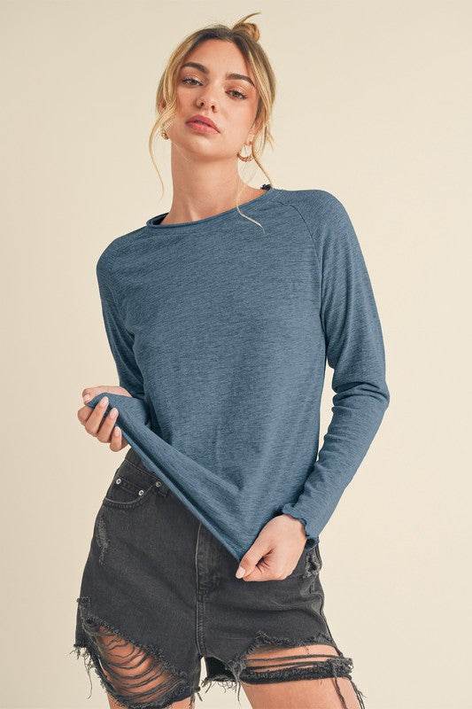 Aemi + Co Lettuce Hemline Round Neck Raglan Sleeve T-Shirt - Shop Style & More | Fresh Looks, Everyday Deals & Free Shipping
