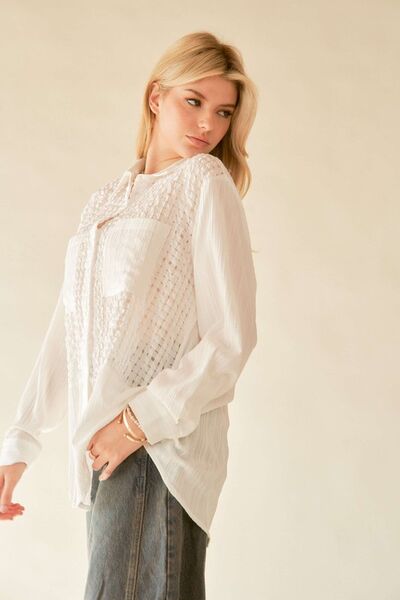 Davi & Dani Crinkled Jacquard Button Down Shirt Blouses