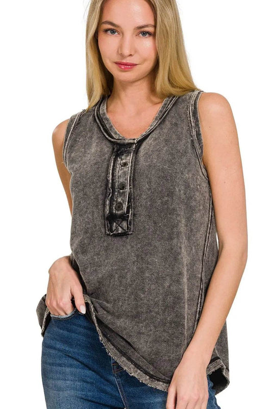 Zenana Washed Half-Button Raw Edge Sleeveless Henley Top - Shop Style & More | Fresh Looks, Everyday Deals & Free Shipping