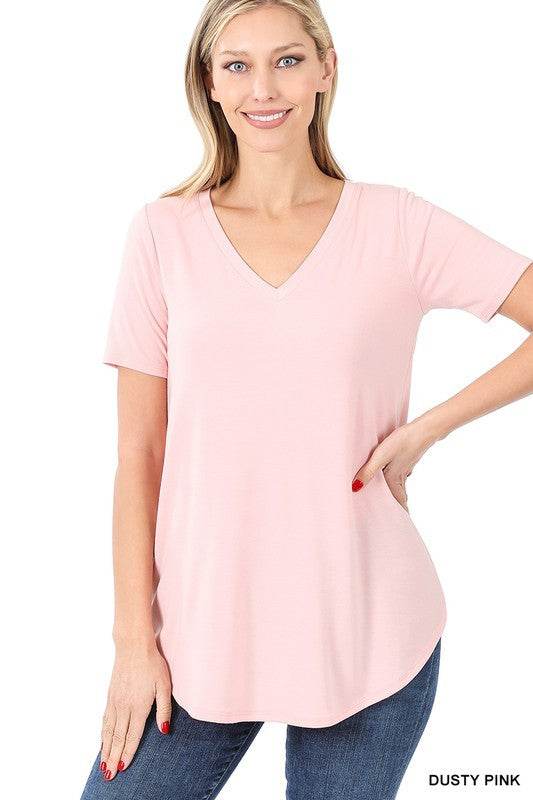 Short Sleeve V-Neck Round Hem Top - Shop Style & More | Fresh Looks, Everyday Deals & Free Shipping