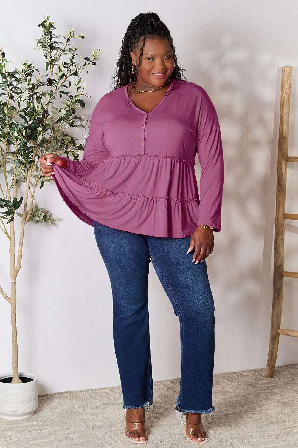 Double Take Half Button Long Sleeve Ruffle Hem Blouse - Shop Style & More | Fresh Looks, Everyday Deals & Free Shipping