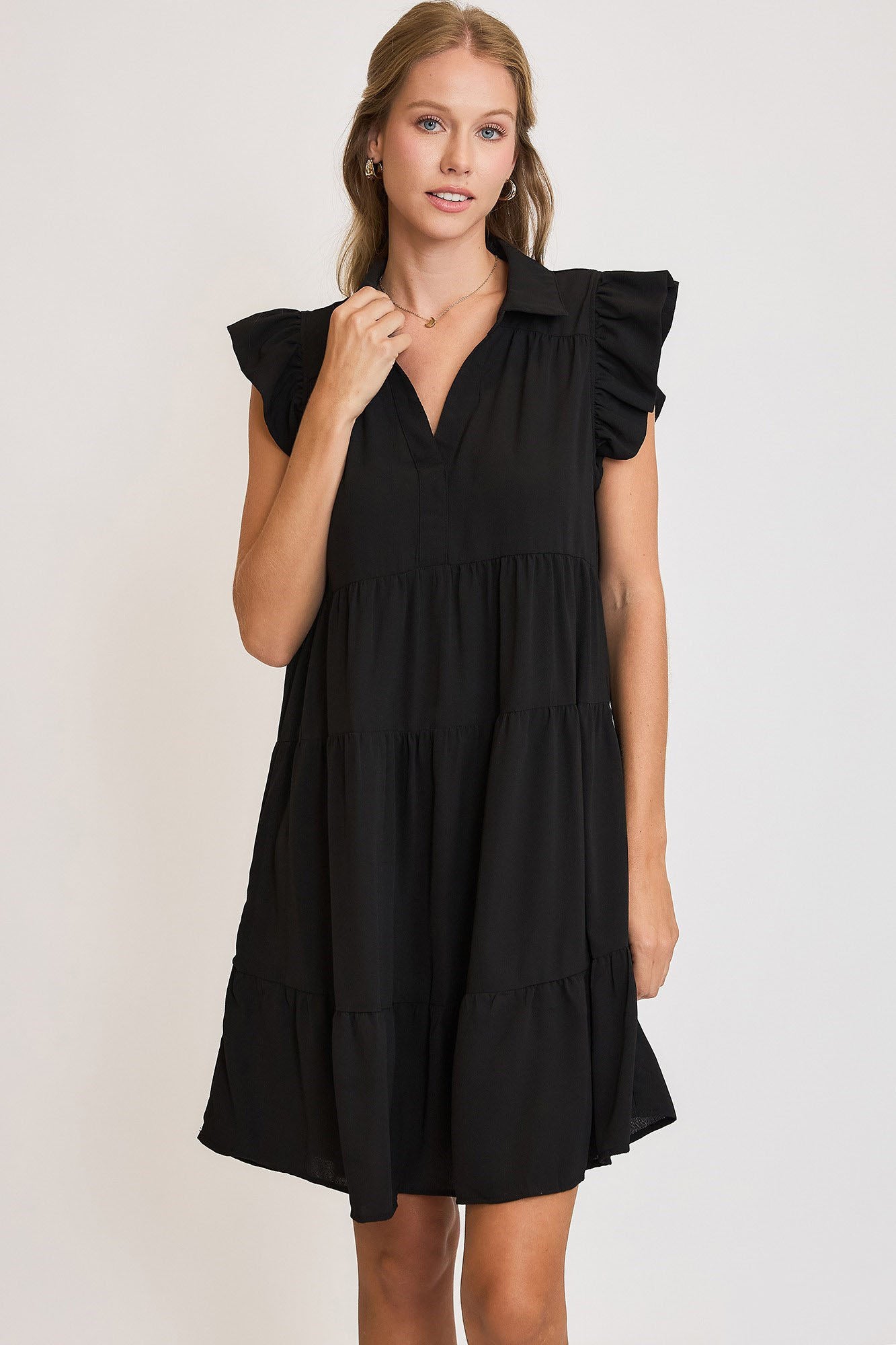 Umgee Full Size Johnny Collar Ruffle Cap Sleeve Tiered Dress Plus Size Black Casual Dresses