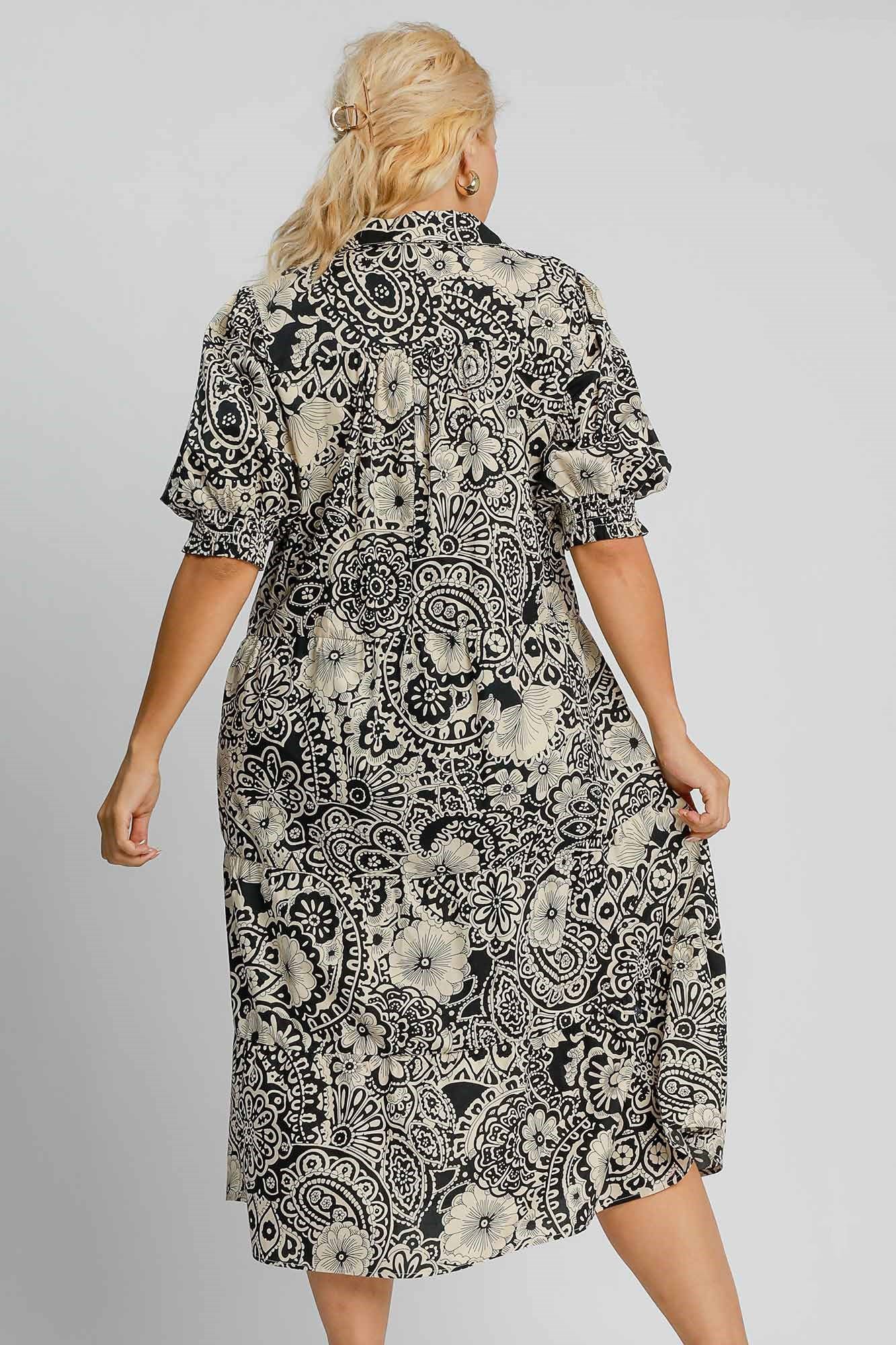 Umgee Full Size Printed Smocked Cuff Puff Sleeve Midi Dress Plus Size Casual Dresses