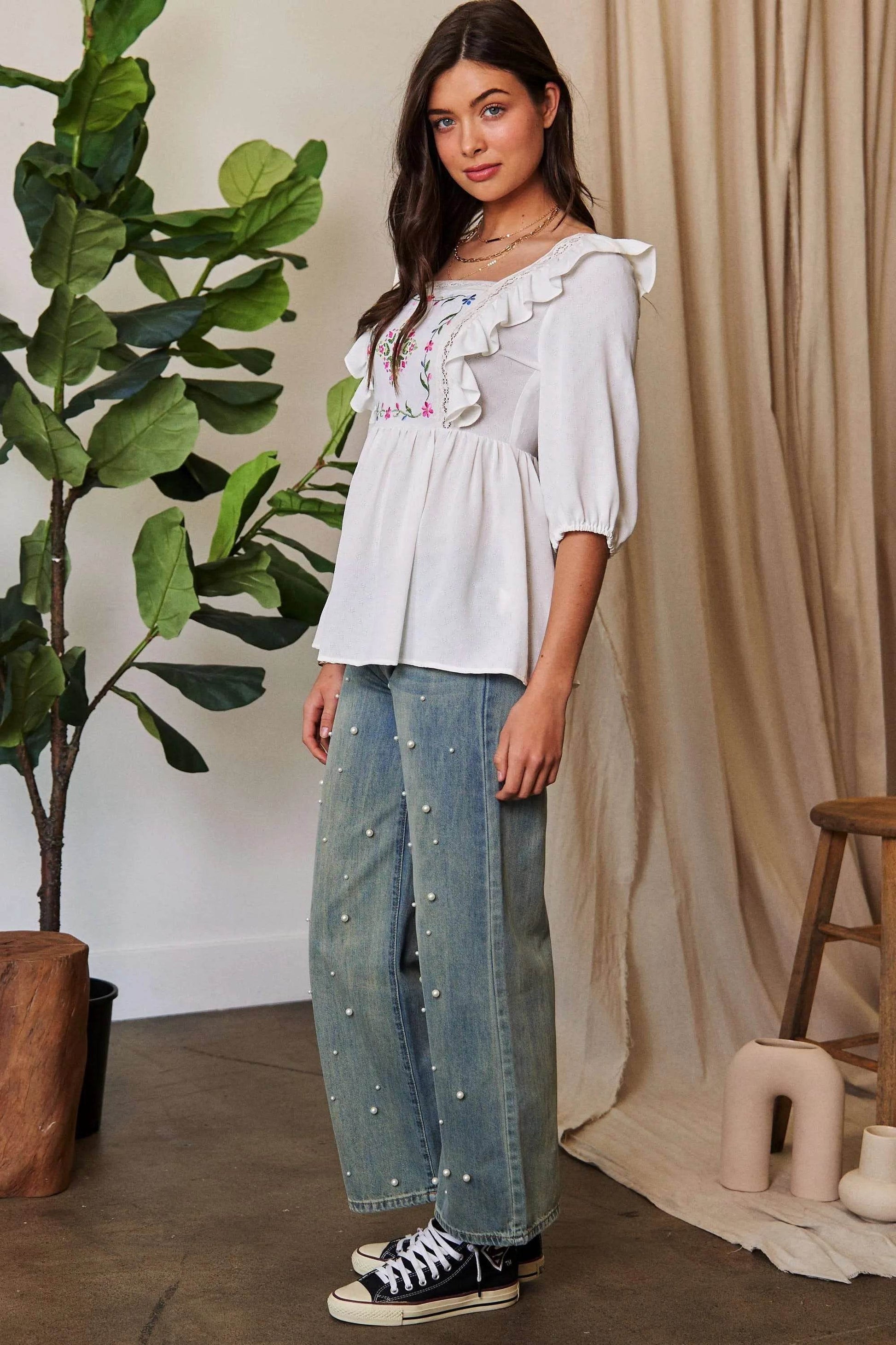 Davi & Dani Texture Tie Back Floral Embroidery Frill Blouse - Shop Style & More | Fresh Looks, Everyday Deals & Free Shipping