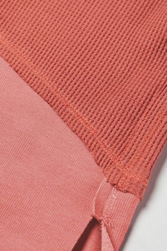 Giselle Exposed Seam Slit Neck Waffle Knit Patchwo - Shop Style & More | Fresh Looks, Everyday Deals & Free Shipping