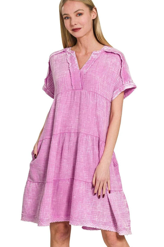 Zenana Washed Double Gauze Raw Edge V-neck Dress - Shop Style & More | Fresh Looks, Everyday Deals & Free Shipping