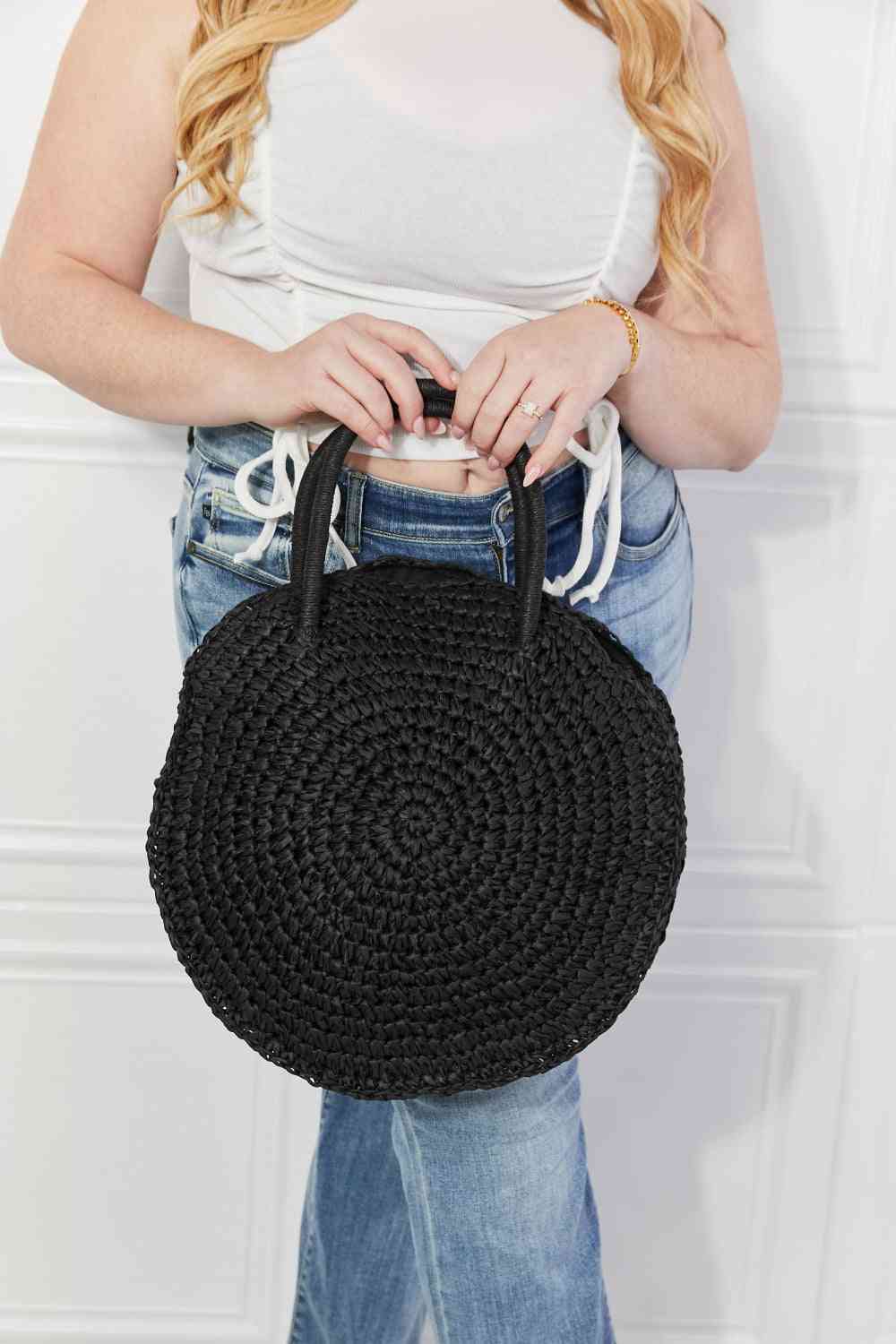 Justin Taylor Beach Date Straw Rattan Handbag in Black Bags