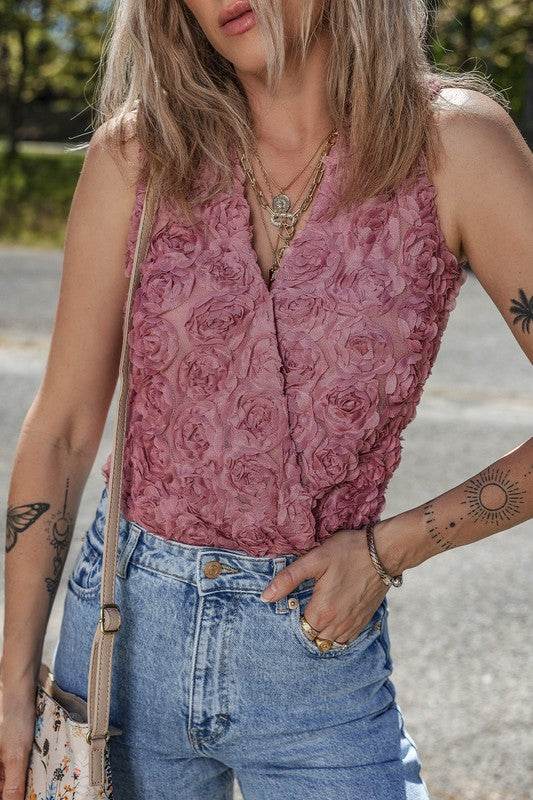 Floral Textured V Neck Wrapped Sleeveless Bodysuit - Shop Style & More | Fresh Looks, Everyday Deals & Free Shipping