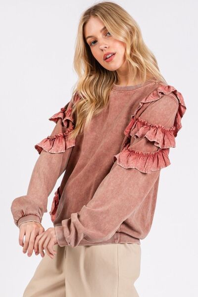 Mittoshop Ruffled Mineral Washed Round Neck Long Sleeve Sweatshirt Hoodies & Sweaters