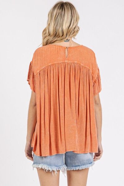 Mittoshop Mineral Washed Round Neck Ruffle Sleeve Blouse Blouses