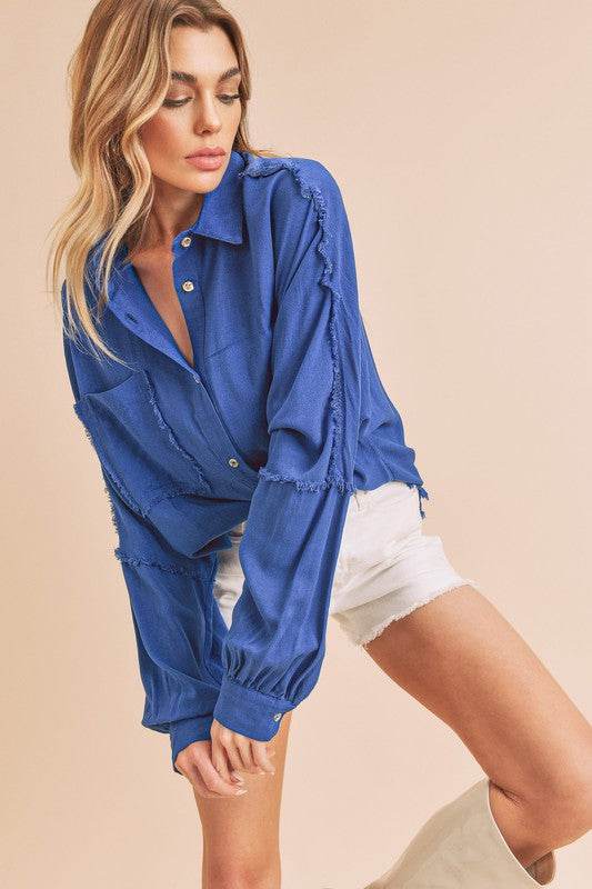 Aemi + Co Raw Edge Exposed Seam Collared Neck Long Sleeve Shirt - Shop Style & More | Fresh Looks, Everyday Deals & Free Shipping