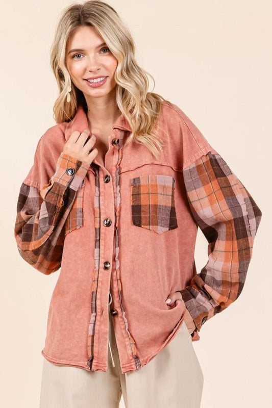 Mittoshop Button Down Contrast Plaid Patchwork Shacket - Shop Style & More | Fresh Looks, Everyday Deals & Free Shipping