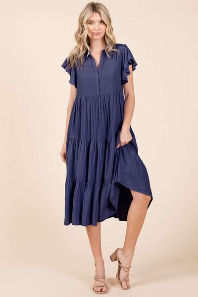 Mittoshop Ruffle Sleeve Collared V Neck Tiered Midi Dress Casual Dresses