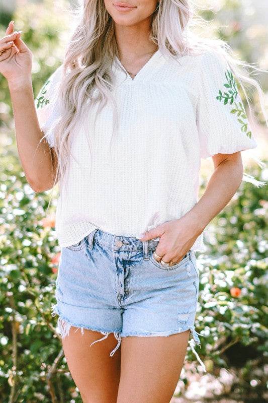 Priscilla Embroidered Puff Sleeve Notched Neck Blo - Shop Style & More | Fresh Looks, Everyday Deals & Free Shipping