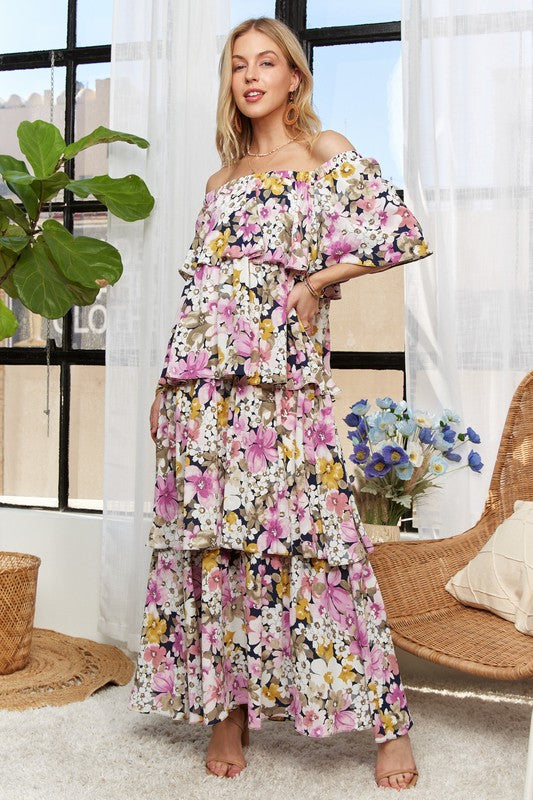 ADORA Layered Floral Off-Shoulder Short Sleeve Maxi Dress Casual Dresses