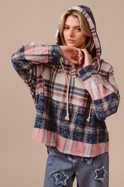 BiBi Drawstring Plaid Drop Shoulder Hoodie CREAM NAVY MAUVE Hoodies & Sweaters