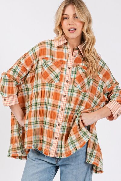 SAGE + FIG Side Slit Plaid Button Down Long Sleeve Shirt Savanna Blouses