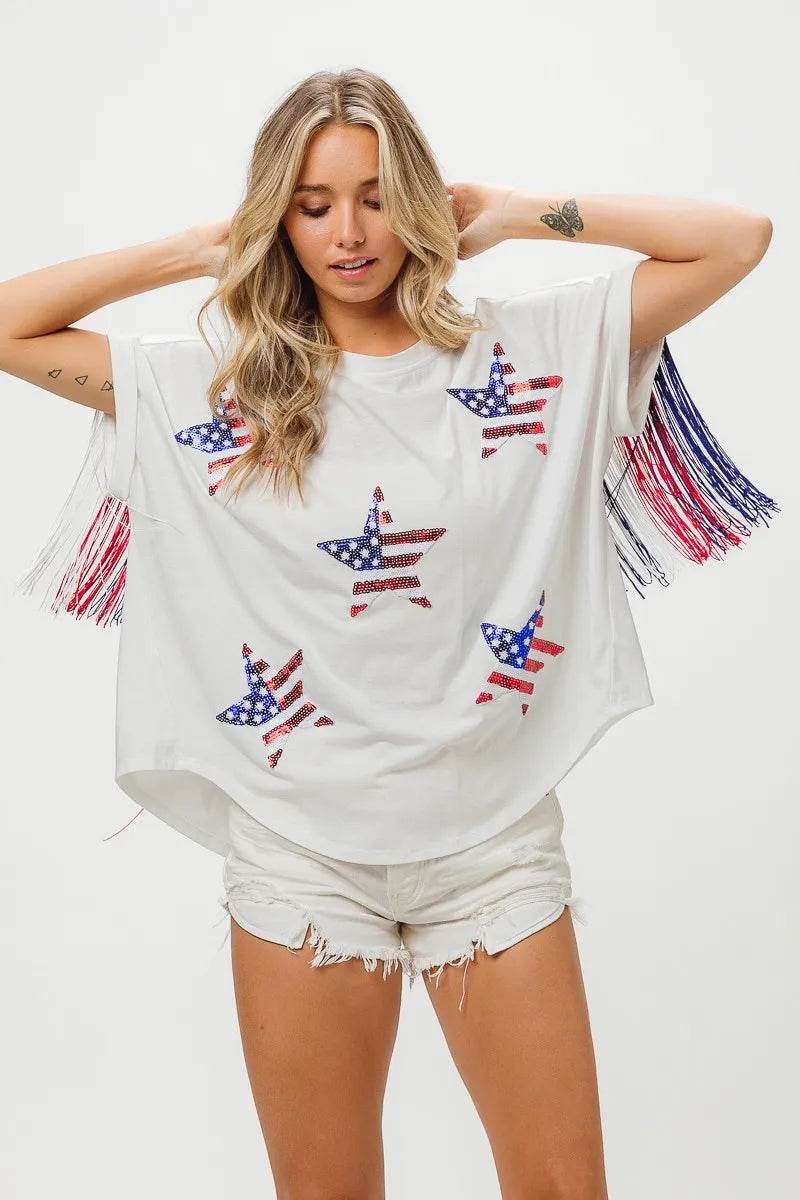 BiBi American Flag Sequin Star Fringe Top - Shop Style & More | Fresh Looks, Everyday Deals & Free Shipping