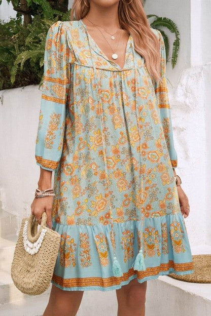 Ruched Bohe Print V Neck Ruffle Hem Tassel Dress - Shop Style & More | Fresh Looks, Everyday Deals & Free Shipping