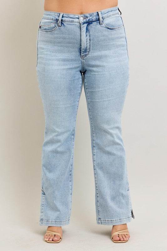 Judy Blue Full Size Tummy Control Vintage Wash Side Slit Slim Boot Jeans Plus Size - Shop Style & More | Fresh Looks, Everyday Deals & Free Shipping