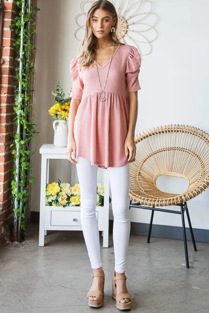 Heimish Full Size Waffle Knit V-Neck Babydoll Top - Shop Style & More | Fresh Looks, Everyday Deals & Free Shipping