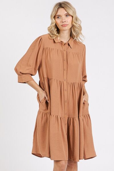 Mittoshop Button Detail Collared Neck Tiered Shirt Dress Ochre Casual Dresses