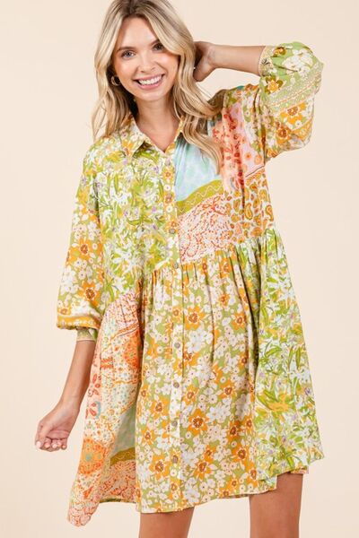 Mittoshop Floral Button Detail Long Sleeve Shirt Dress GREEN TEA Casual Dresses