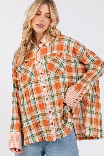 SAGE + FIG Side Slit Plaid Button Down Long Sleeve Shirt Blouses