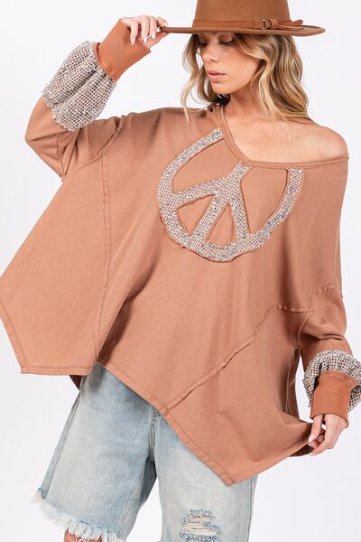 SAGE + FIG Peace Sign Mineral Wash Terry Top Hoodies & Sweaters