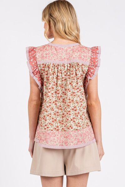 Mittoshop Floral Notched Ruffled Cap Sleeve Blouse Blouses