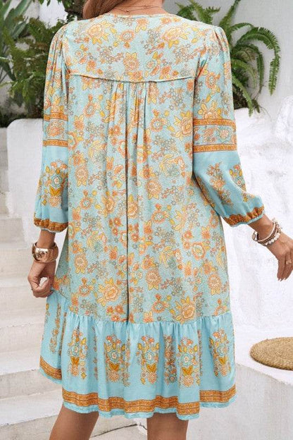 Ruched Bohe Print V Neck Ruffle Hem Tassel Dress - Shop Style & More | Fresh Looks, Everyday Deals & Free Shipping