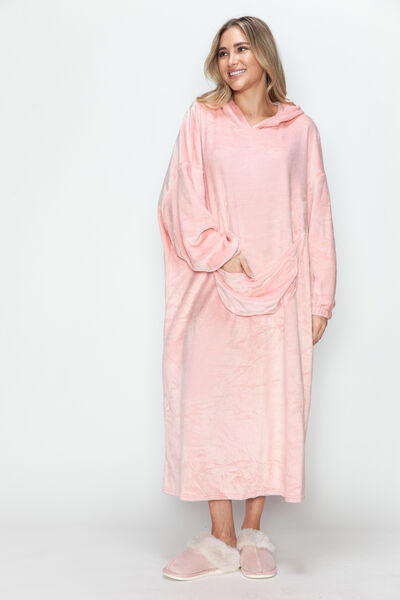 Double Take Full Size Pocketed Hooded Midi Lounge Dress Sleepwear