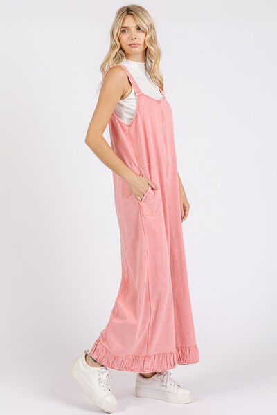 Mittoshop Ruffled Hem Wide Leg Overalls with Pockets Jumpsuits