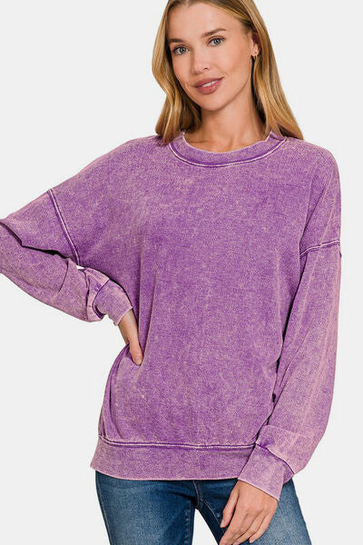 Zenana Washed Round Neck Dropped Shoulder Sweatshirt Hoodies & Sweaters