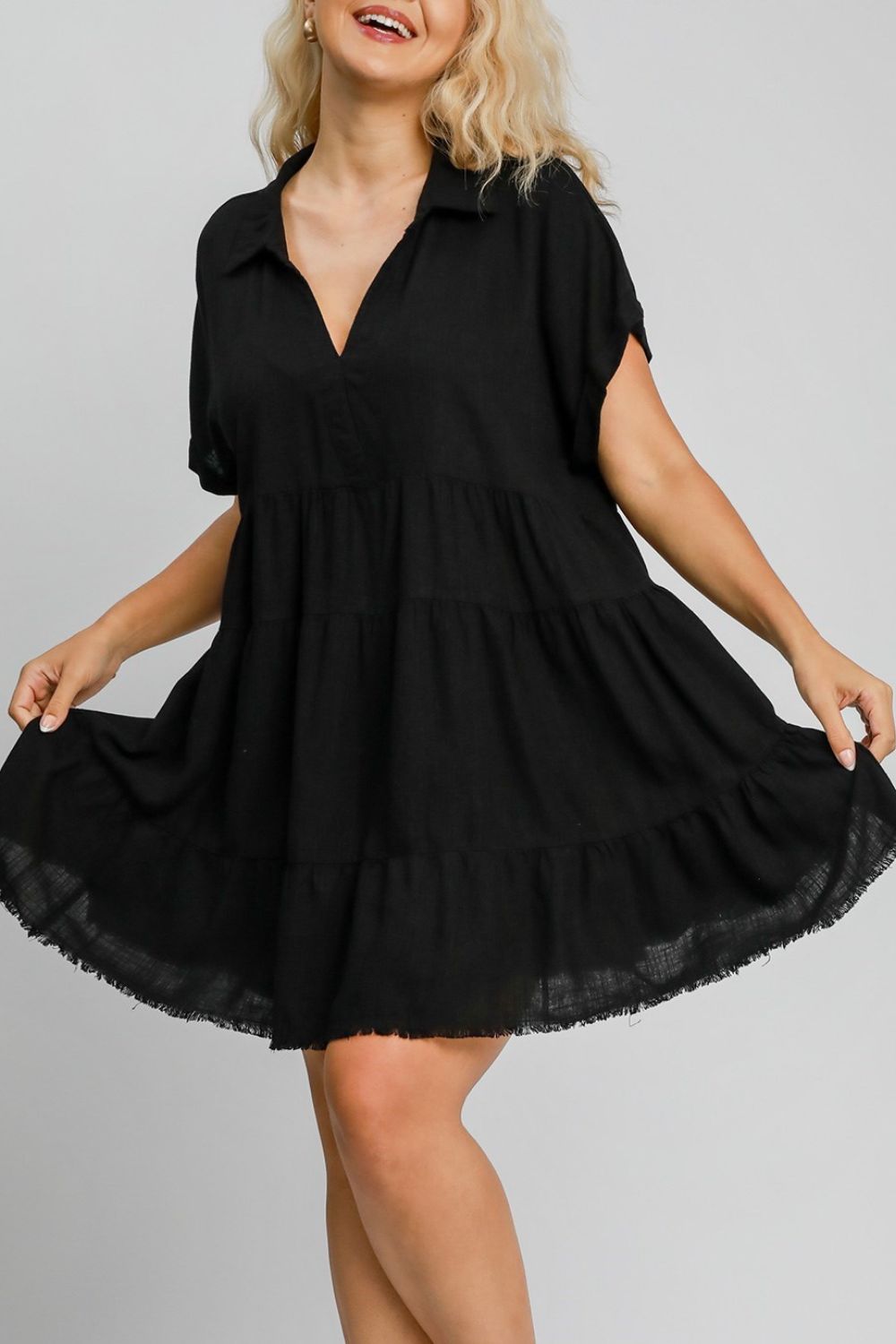 Umgee Full Size Raw Hem Folded Sleeve Tiered Dress Plus Size Casual Dresses