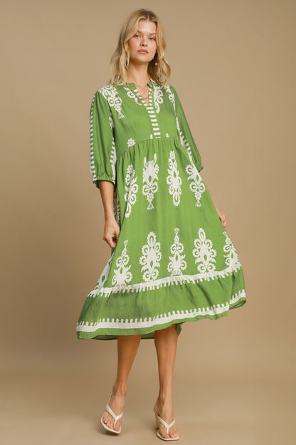 Umgee Printed Notched Midi Dress Casual Dresses