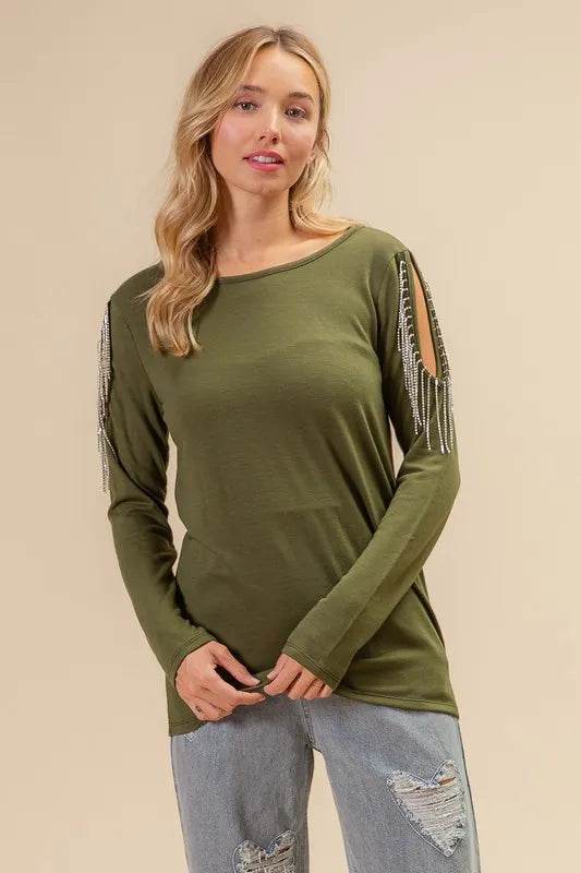 BiBi French Terry Cold Shoulder Ringstone Fringe Top - Shop Style & More | Fresh Looks, Everyday Deals & Free Shipping