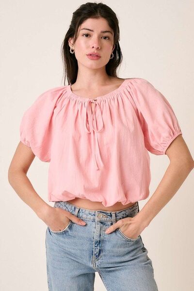 Mittoshop Linen Two-Way Short Sleeve Crop Blouse Blush Pink Blouses