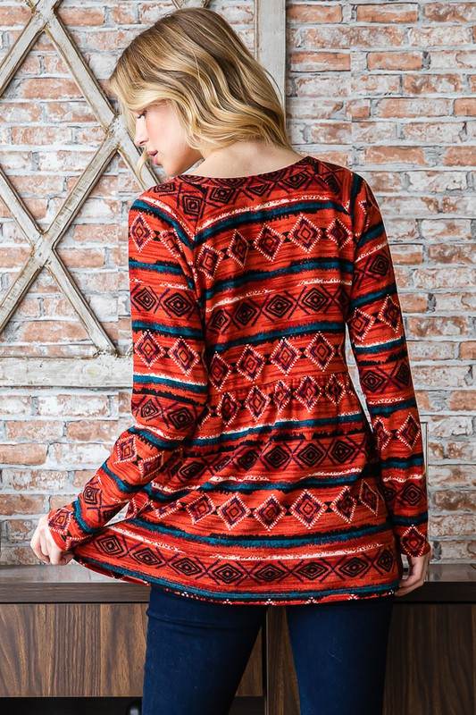 Heimish Full Size Geometric Button Detail Long Sleeve Babydoll Top - Shop Style & More | Fresh Looks, Everyday Deals & Free Shipping