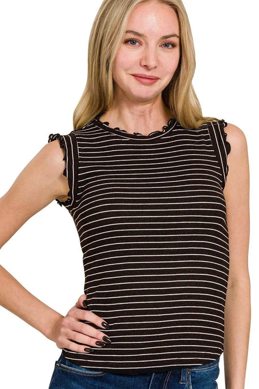 Zenana Ribbed Ruffle Trim Sleeveless Stripe Top - Shop Style & More | Fresh Looks, Everyday Deals & Free Shipping