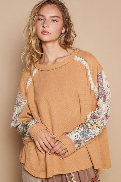 POL Waffle-Knit Lace Detail Round Neck Top Sherbet Hoodies & Sweaters