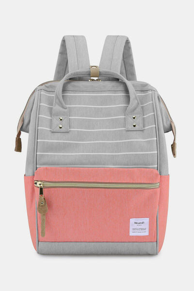 Himawari Waterproof Canvas Backpack Bag with Side Pockets Grey Pink Stripe One Size Bags