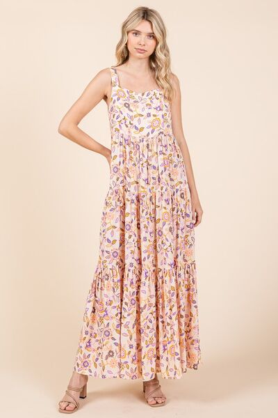 Mittoshop Flower Print Tiered Sleeveless Empire Maxi Dress Sherbet Casual Dresses