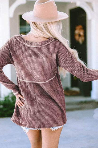 Liana Waffle Knit V Neck Long Sleeve Babydoll Top - Shop Style & More | Fresh Looks, Everyday Deals & Free Shipping