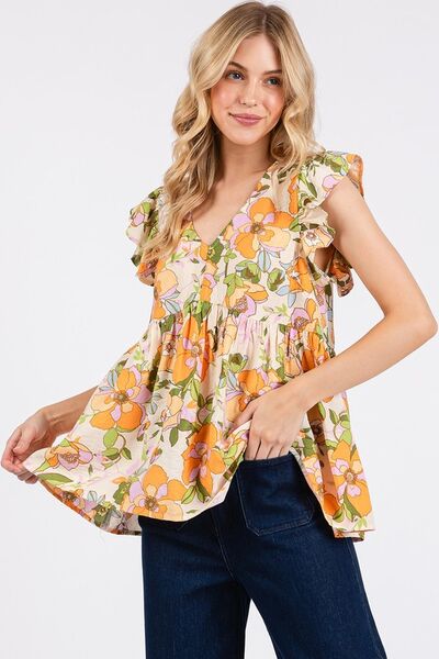 Mittoshop Floral V-Neck Ruffled Cap Sleeve Blouse Blouses