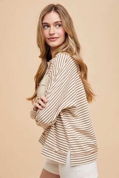 Annie Wear Striped Button Detail Long Sleeve Polo Top Blouses